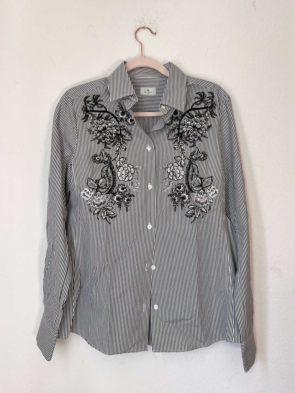 ETRO White Black Striped Floral Embroidered 100% Cotton Blouse Size 44 US M
